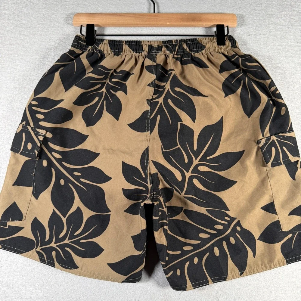 Hawaiian Performance Surfwear Mens Small Tan Black Monstera Leaf Board Shorts 28